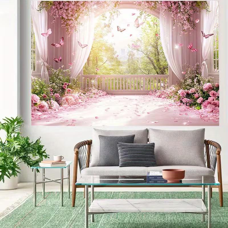 2D Spring Garden Balcony Backdrop - Romantic Photography Background for Party