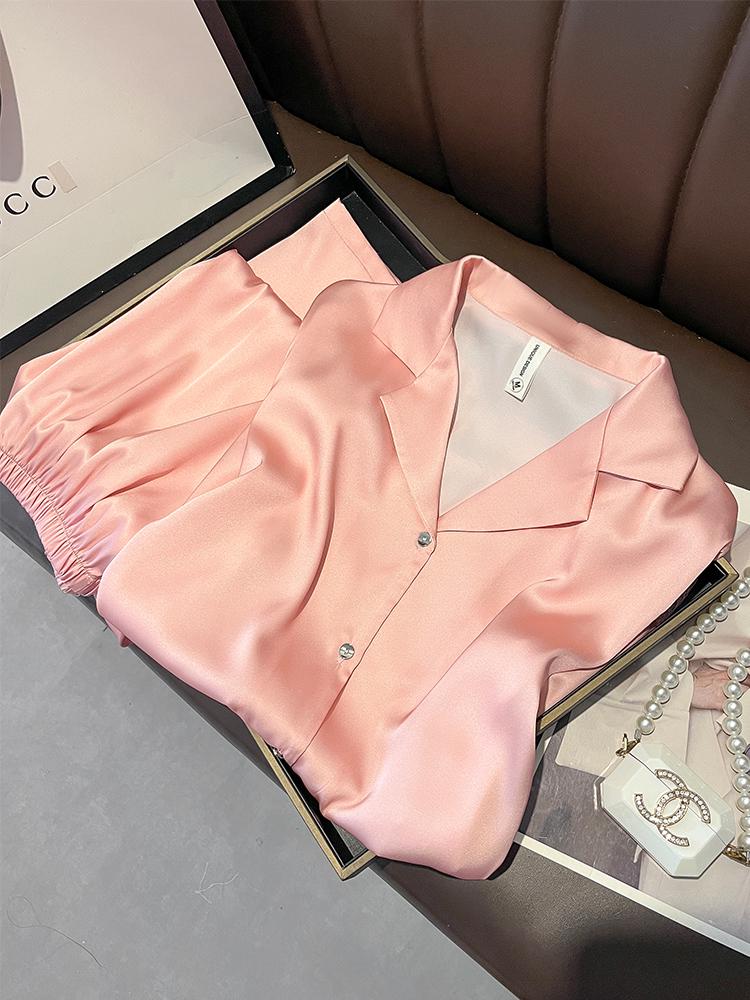 

Women s Mulberry Silk Pajama Set - Short Sleeve Lace Trim for Spring, Summer, and Autumn Large рожевий