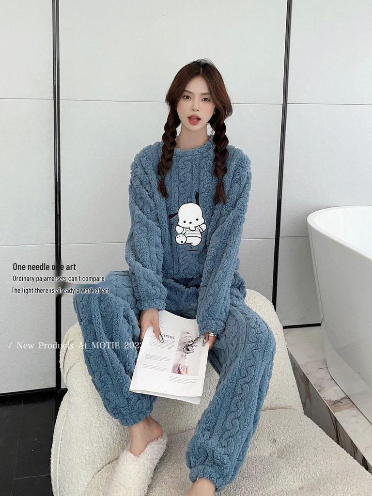 Einfarbiges Damen-Jacquard-Shu-Baumwollfleece-Pyjama-Set - Warm, dick, langärmelig, Homewear für Herbst und Winter.