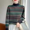 Semi-turtleneck Retro Jacquard Sweater Women's Autumn and Winter New Versatile Striped Bottoming Shirt Pullover Color Knitted Sweater