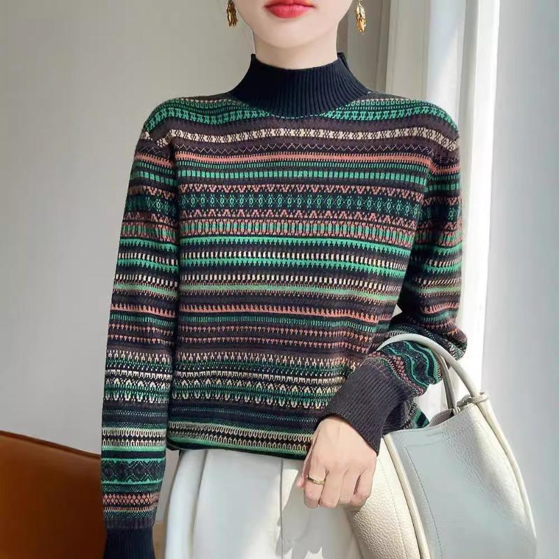 Semi-turtleneck Retro Jacquard Sweater Women's Autumn and Winter New Versatile Striped Bottoming Shirt Pullover Color Knitted Sweater