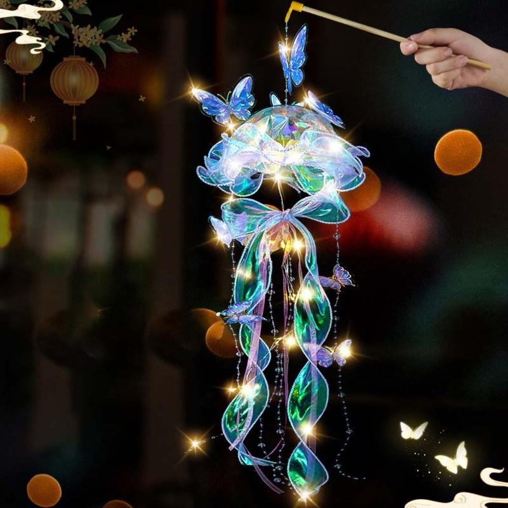 Organza Lantern Handmade Jellyfish Lantern Luminous Dreamy Style Butterfly Lamp Glowing Beaded Tassel Handheld Light Kids Craft