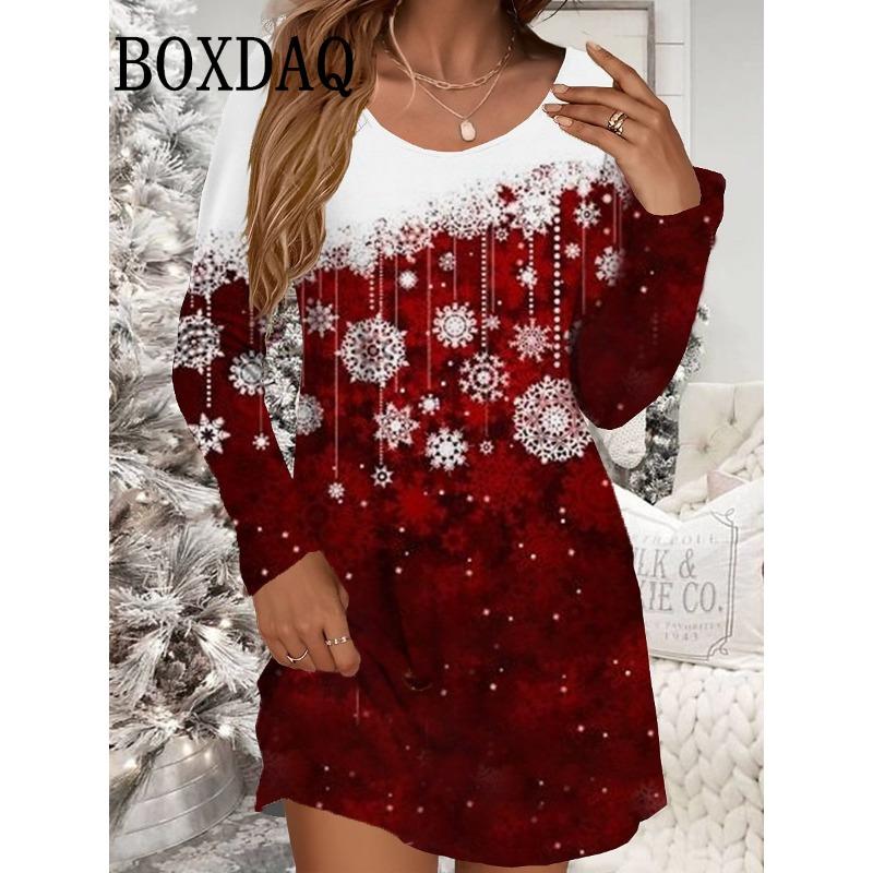 Autumn Winter Women Dresses Christmas Snowflake Print Dress Casual Party Clothing Long Sleeve Women's Loose