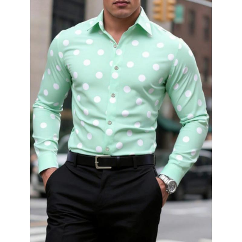 Men's Polka Dot Shirt Casual, Breathable, Comfortable, Fashionable and Trendy Men's Long Sleeved Shirt, Lapel Shirt