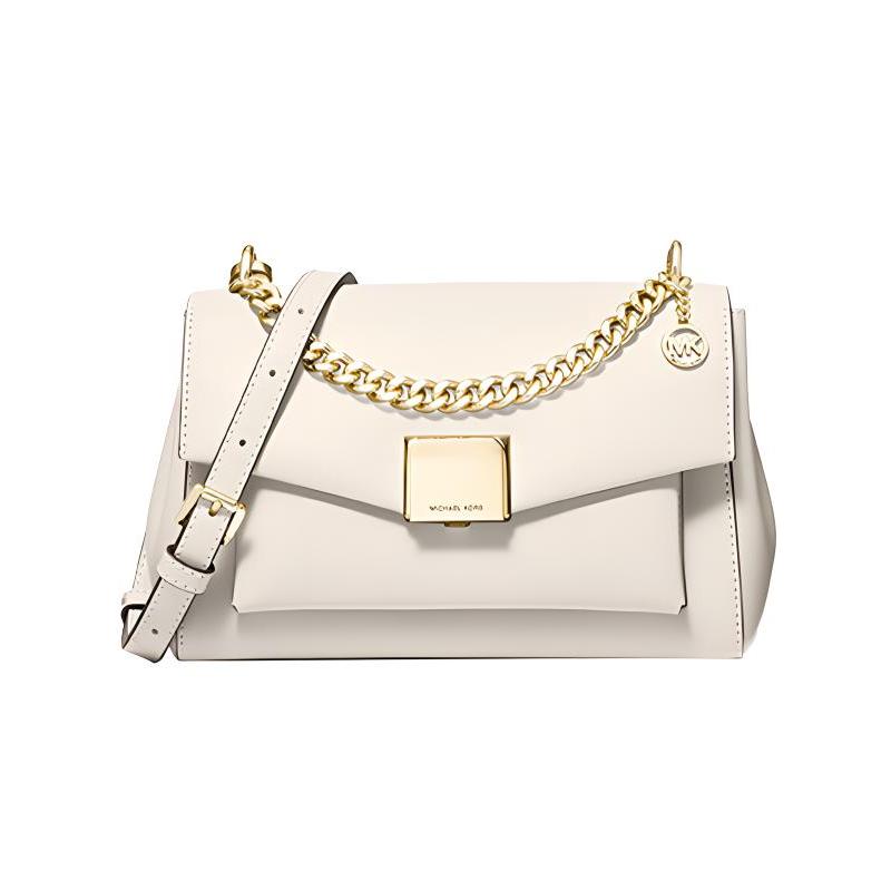 Michael Kors Lita Series Solid Color Gold Buckle Letter Chain Flip Shoulder Crossbody Bag Medium Size Women's Milk White