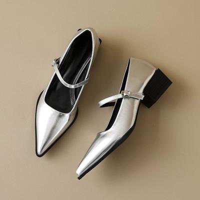 One-word Buckle with Pointed Mary Jane Shoes Women's Early Spring New Thick Heel Single Shoes Black Small Leather Shoes