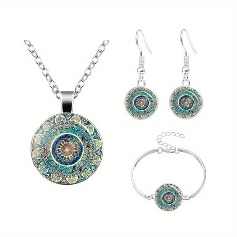 Mandala Flower Time Gemstone Náhrdelník & Náramek & Náušnice Sada šperků Vintage dekorace Kreativní skleněný přívěsek pro ženy