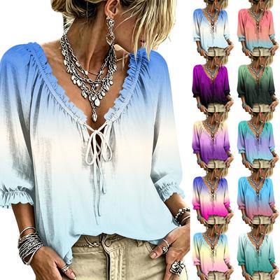 Women's Gradient Print Ruffle V-Neck Blouse with Tie Front