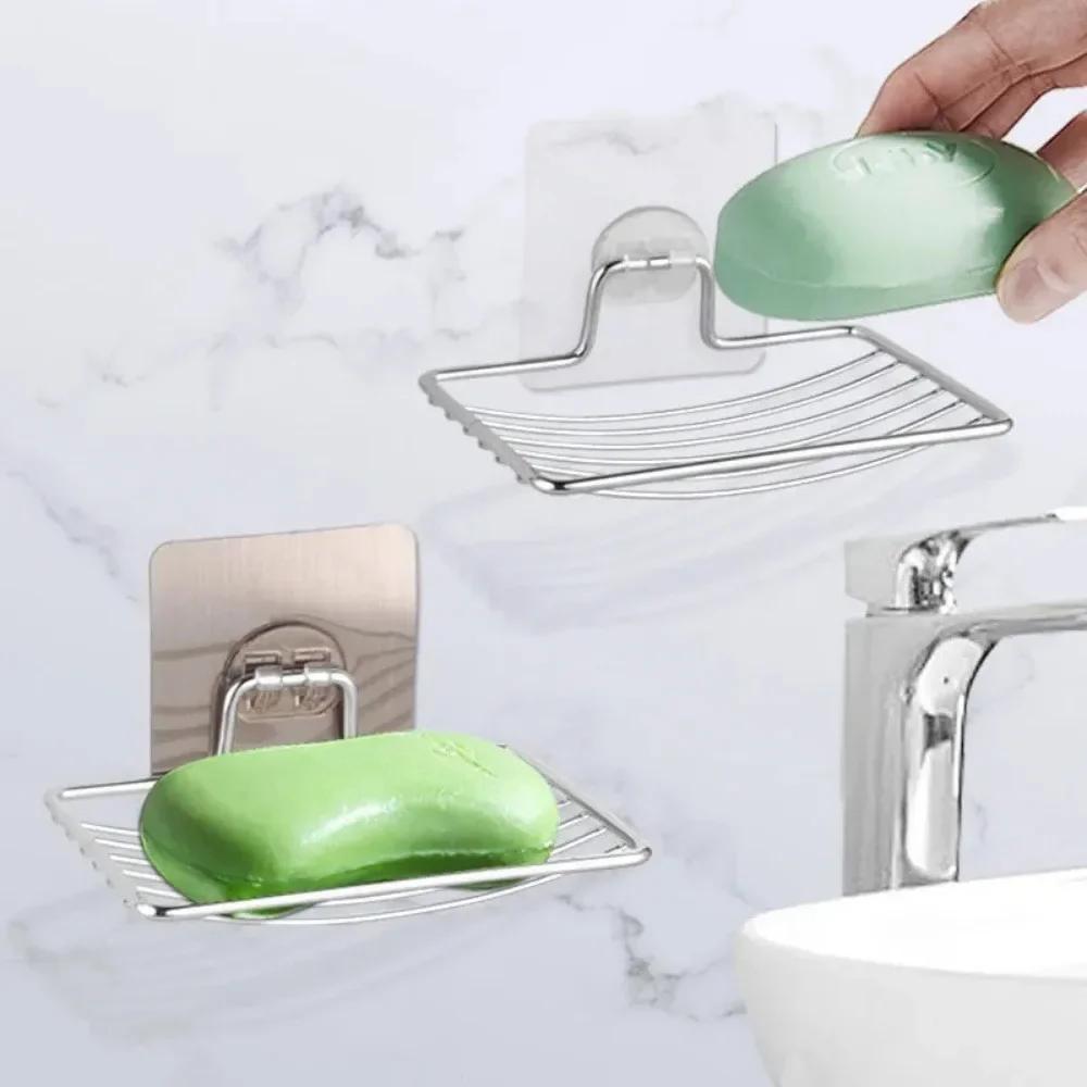 Stainless Steel Soap Rack Punch-free Nail-free Bathroom Single Layer Drain Wall Hanging Sucker Soap Box Light Luxury Shelf