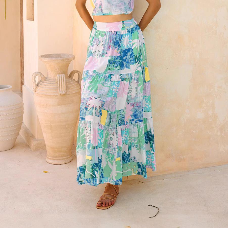 

Комплект макси-юбки с тропическим принтом, Летний отпускной наряд для женщин XL