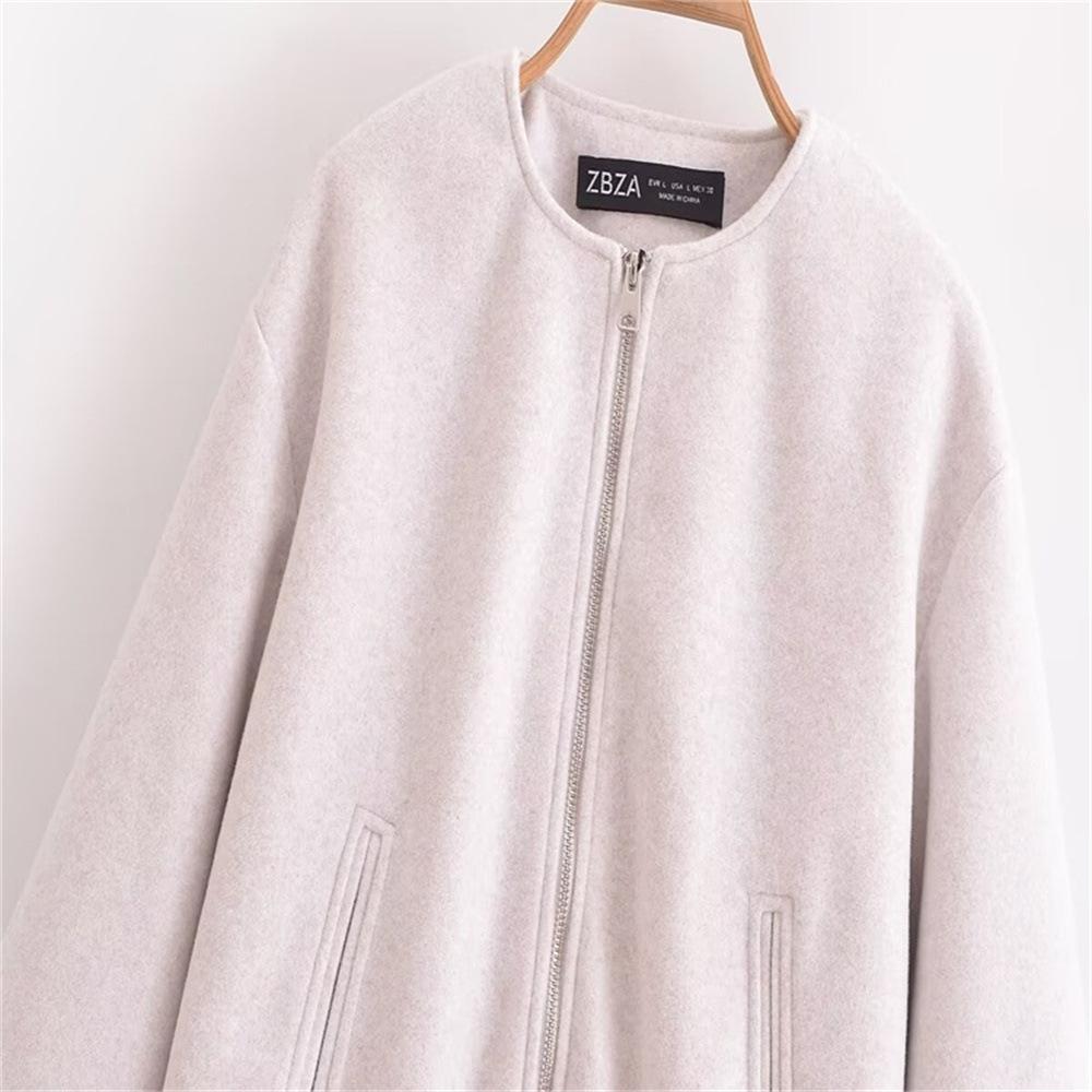 Spring and Autumn Women's Loose Versatile Crew Neck Long Sleeve Pocket Soft Bomber Jacket