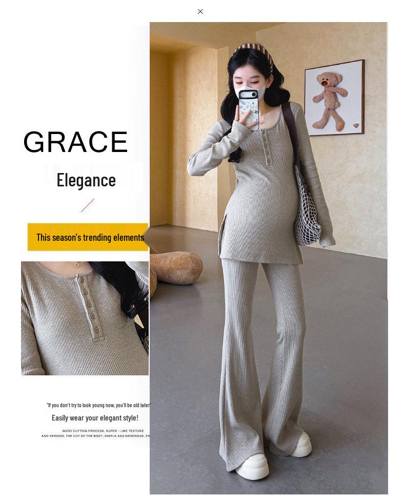 Maternity Chic: Korean-Style Long Sleeve Top & Micro Flare Pants Set for Spring/Autumn