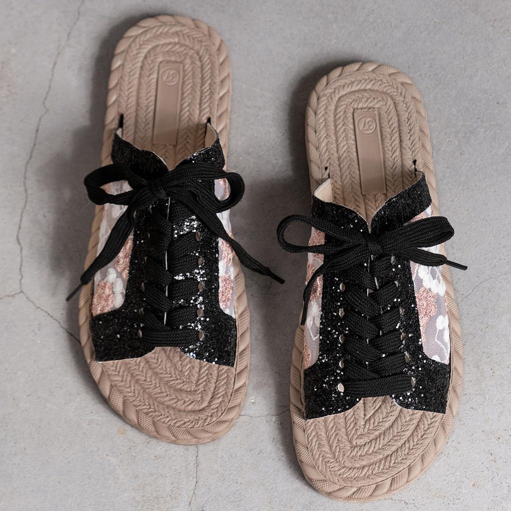 Outdoors Non-slip  Summer Open Toe Flat with Slippers Sweet Mesh Lady Casual Comfortable Lace-Up Women's Slippers Large Size