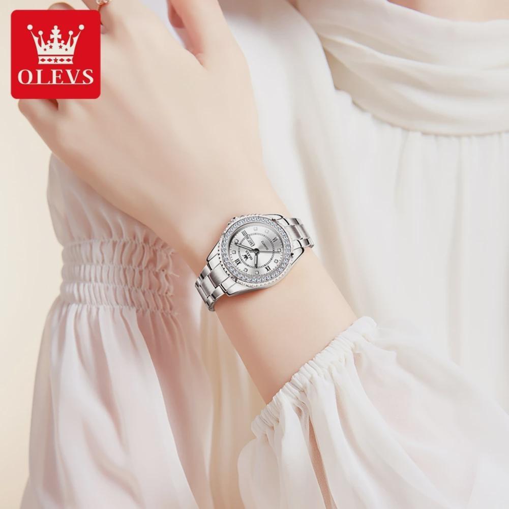 OLEVS Dámské hodinky Módní elegantní originální křemenné náramkové hodinky pro mladé dívky, ciferník s kamínky, datum, den v týdnu, vodotěsné, luminiscenční