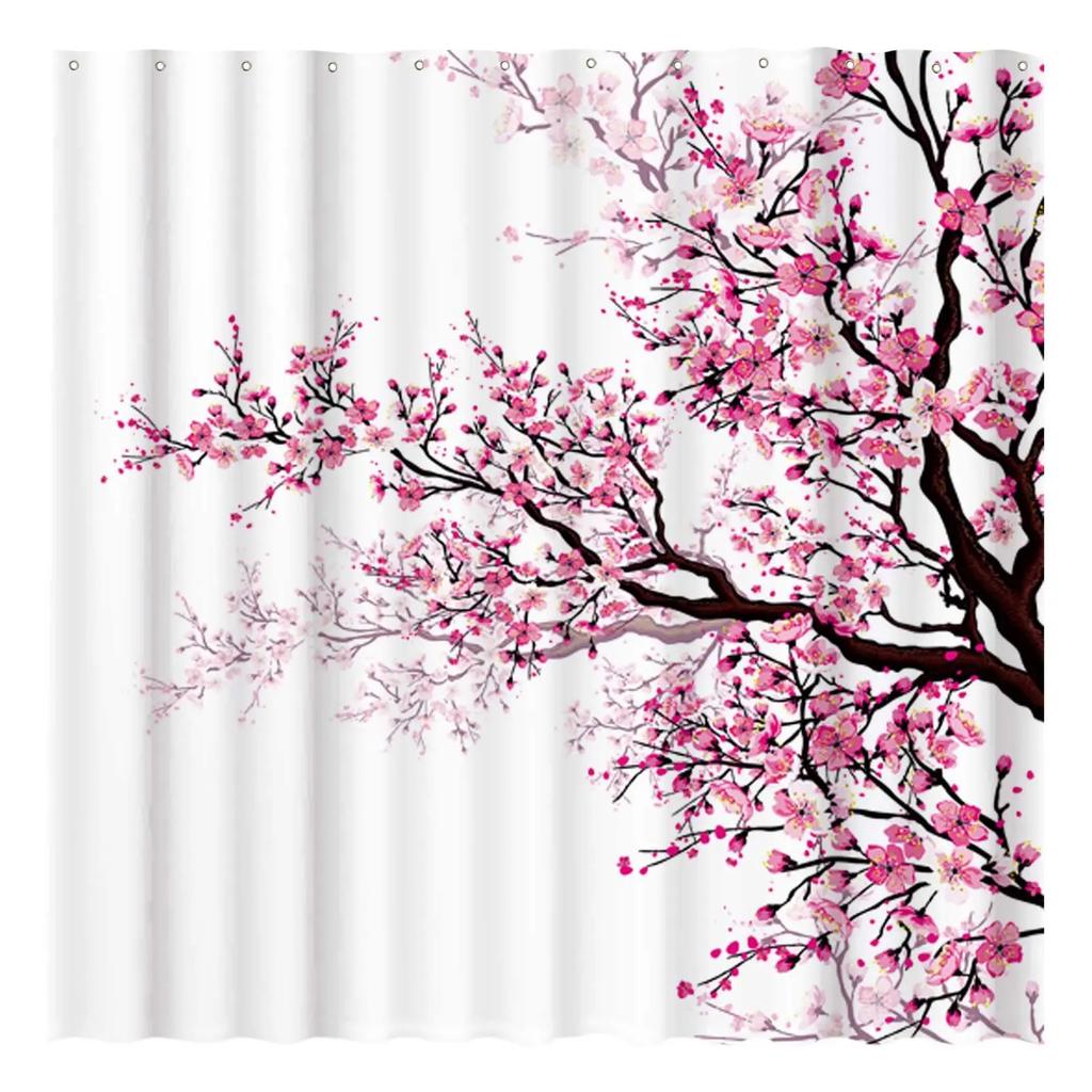 Charming Oriental Blossom Shower Curtain Set - Vibrant Cherry Blossom Designs for Elegant Bathroom Décor, Waterproof & Easy Care