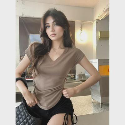 V-Ausschnitt Slimming Kurzarm Damen T-Shirt, Sommer 2025 Trend, Einfarbig, Student Style