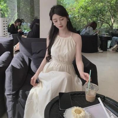 2024 Halter Neck Sleeveless Mid-Length Summer Dress: Slimming Waist, Bare Waist Holiday Style