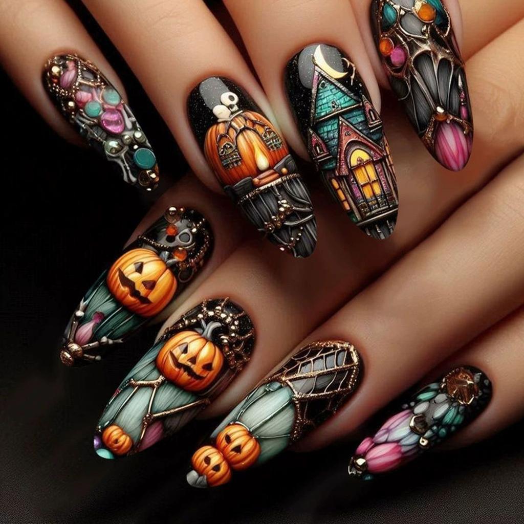 European And American Manicures Halloween Horror Pumpkin Haunted House Moon Long Almond Wearing Armor