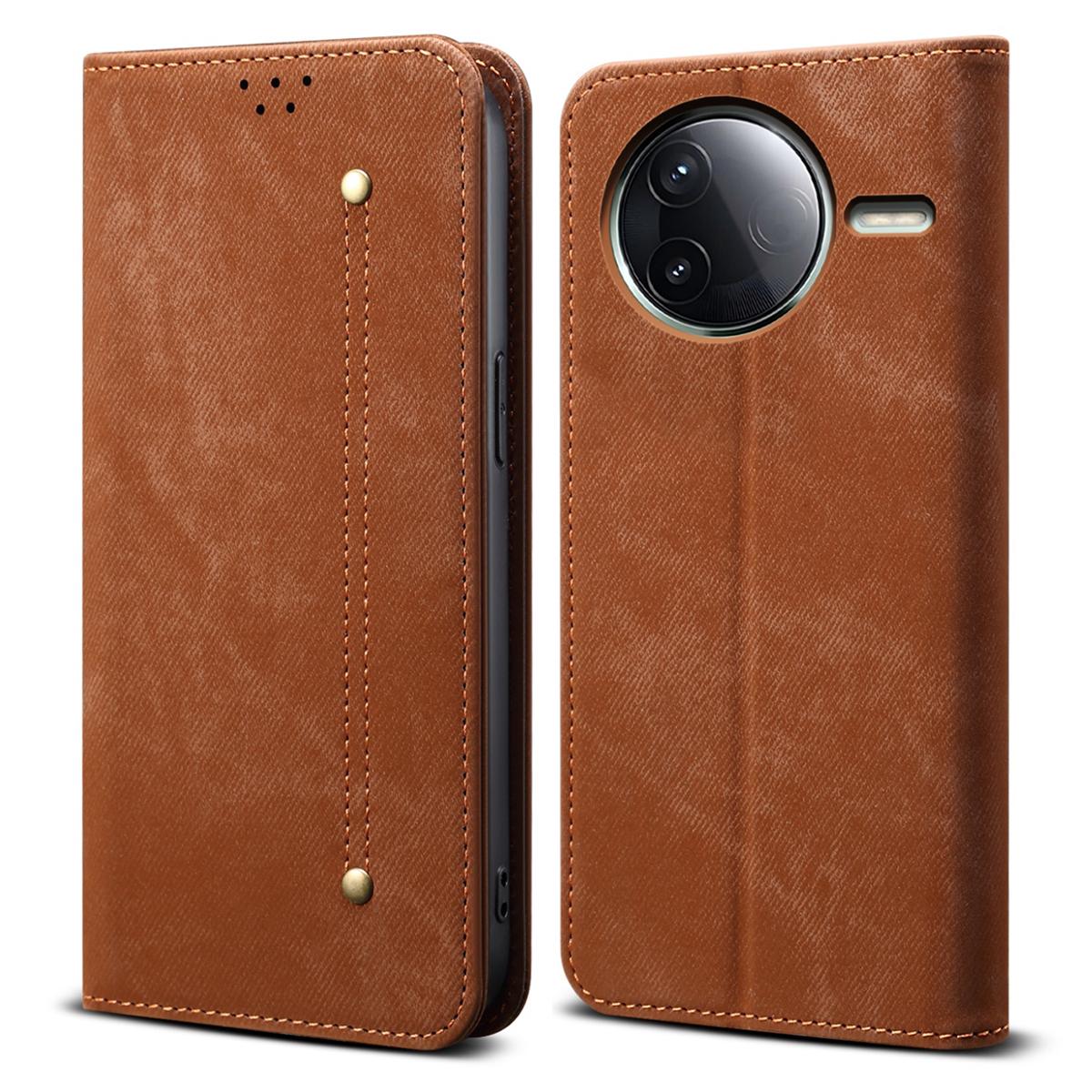 

Чехол для Xiaomi Poco F7 Ultra 5G/Redmi K80 Pro 5G Текстура джинсовой ткани Защита от царапин Кожаная подставка Чехол для телефона Coffee