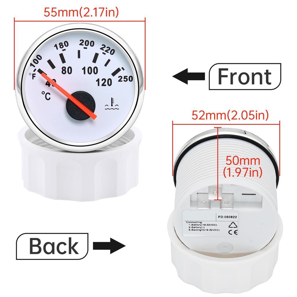 ZMFJH 2"52MM Water Temperature Gauge 40-120℃,100-250℉ Pointer Water Temp Meter Red Light for Universal Car Boat Yacht 12V24VDC