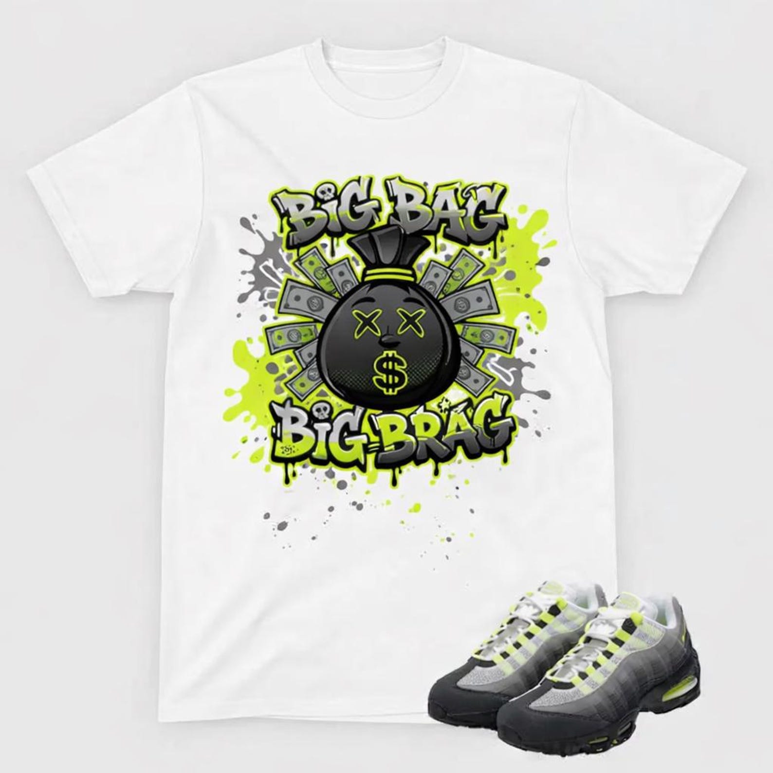Big Bag Big Brag Sneaker Shirt – Neon Money Graphic Tee – Air Max Match (White) S