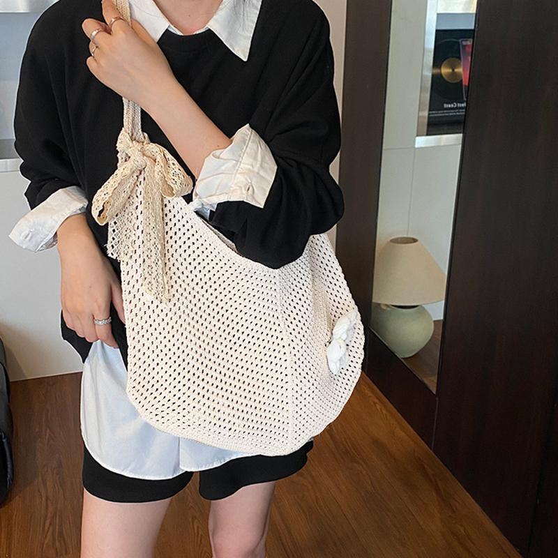 

Простая вязаная сумка через плечо ручной работы, бохо, однотонная вязаная крючком сумка-тоут, большая вместимость, ажурная тканая сумка для отпуска 45x2x29cm бежевый