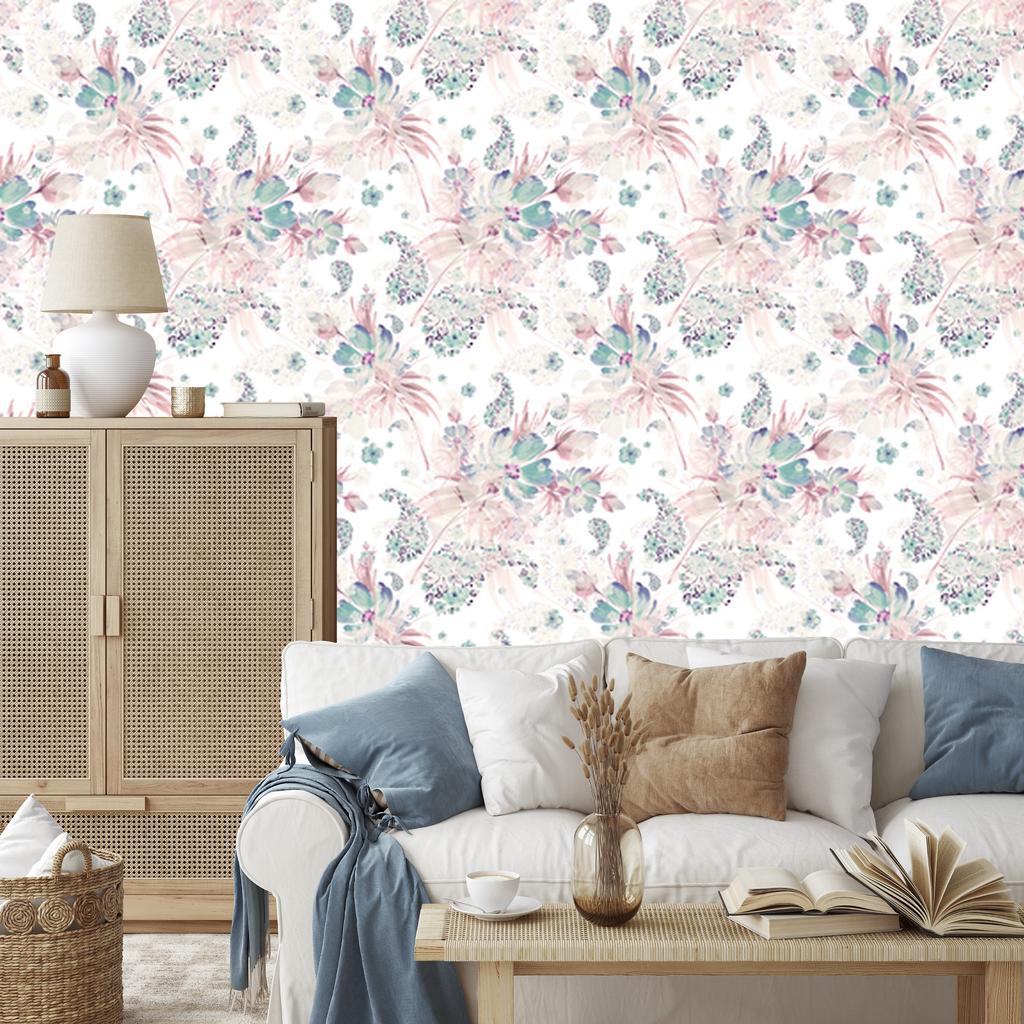 Wallpaper Flowers Plants Leaves Pastel for Living Room and Bedroom 50x1000