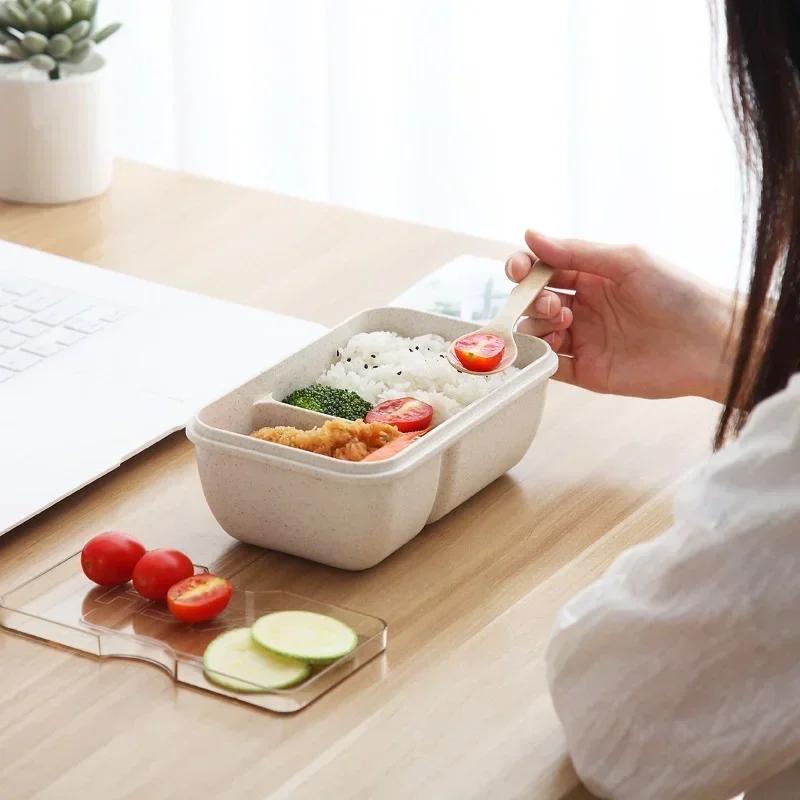850/1100ml Wheat Straw Bento Box with Tableware Single Layer Compartment Seal Food Container Portable Office Worker Lunch Box
