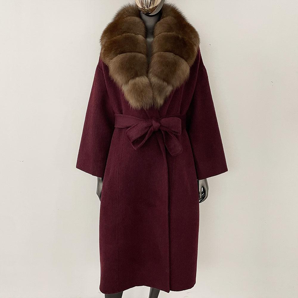 OFTBUY Kabát z pravé kožešiny 2024 Nadměrný dámský svrchní oděv Zimní dámská bunda s límcem z přírodní liščí kožešiny Kapuce Kašmírová vlněná směs Kabát