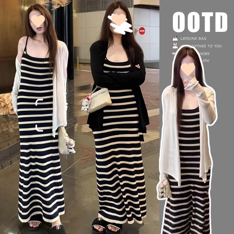 

Summer Striped Slim-Fit Dress & Ice Silk Shawl Cardigan Set XL