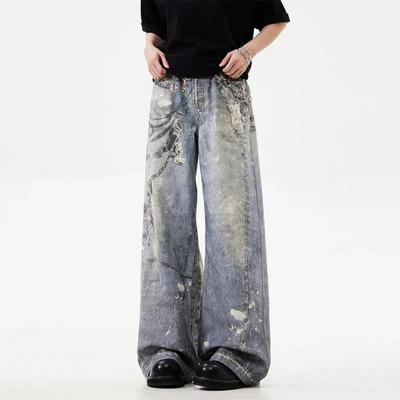 Neue Baggy-Jeans mit 3D-Kettendruck für Männer und Frauen, lässige Baggy-Jeans mit geradem Bein, High Street, weites Bein, Y2K-Jeans