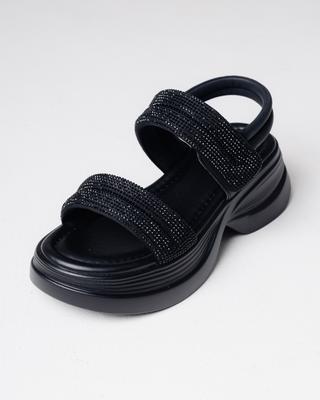 SUNY LIANA 1511 36 Black Leather Textile Sandals with Rhinestones