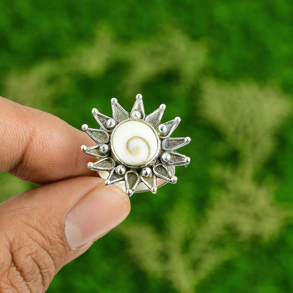 925 Sterling Silver Oval Shiva Eye Shell Stone New Stackable Flower Ring Jewelry
