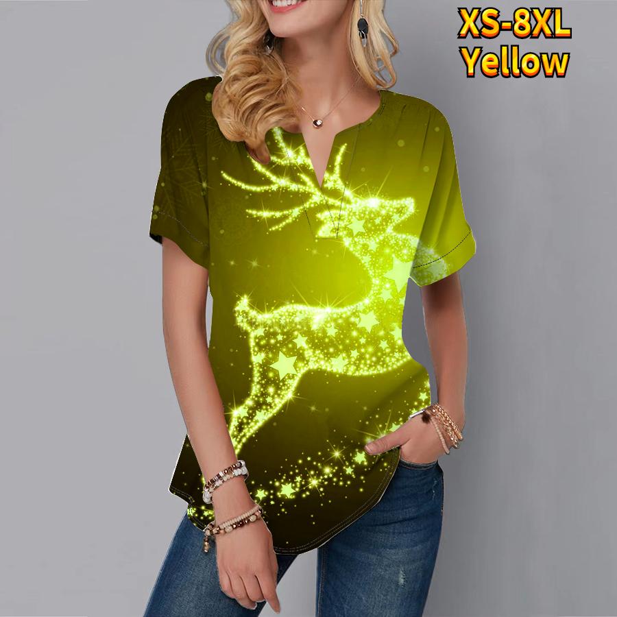 

Женская летняя футболка с блестящим принтом оленя, футболки с короткими рукавами, повседневные топы, маленький v-образный вырез, короткие рукава 8XL жёлтый