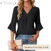 JPNTKY Women's Fashion Casual Solid Color Print V-Neck 3/4 Sleeves Blouses & Shirts