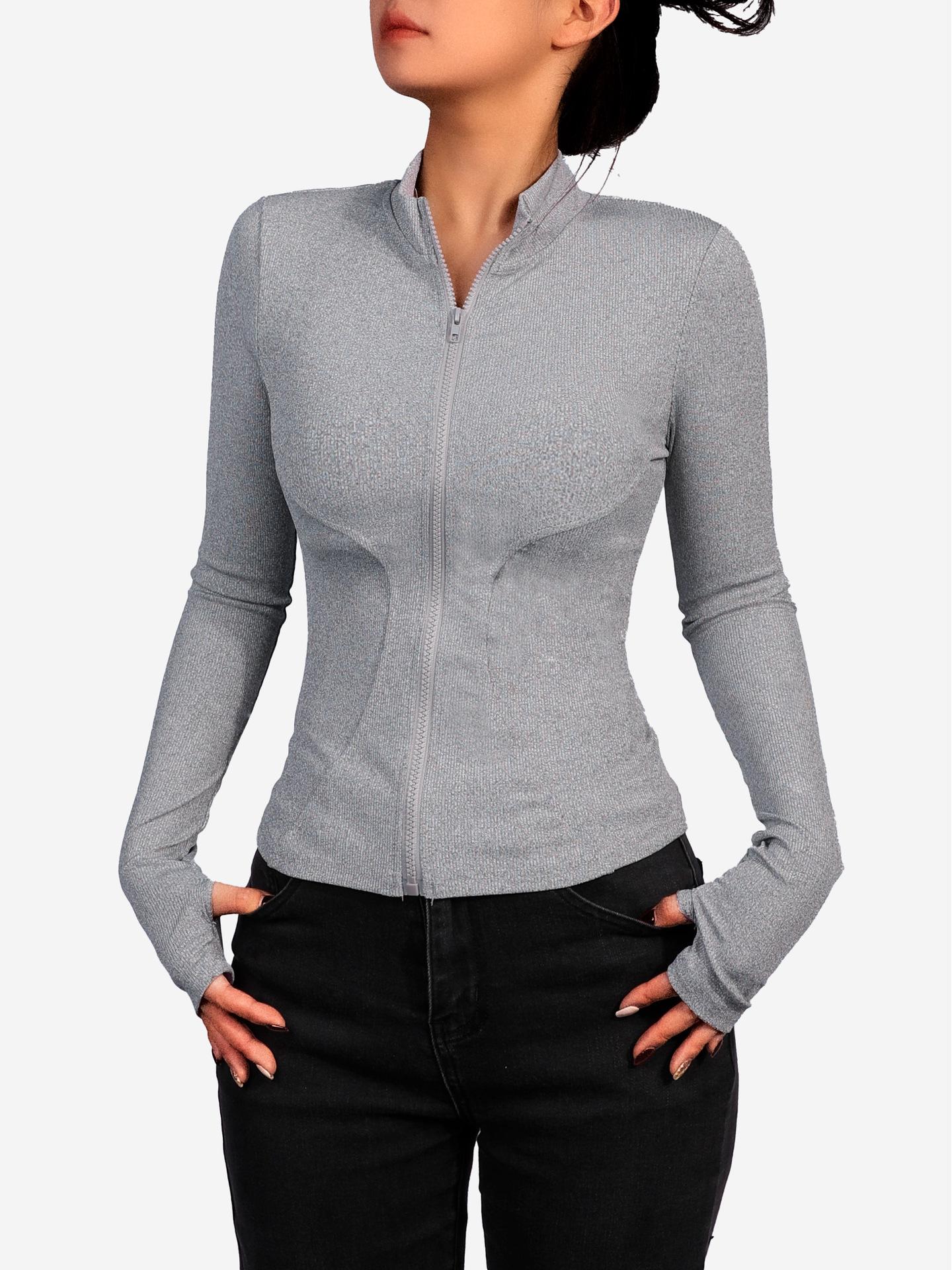 

Женская облегающая куртка для йоги — тонкая молния, элегантный воротник-стойка, повседневный кардиган на весну и осень Large серый