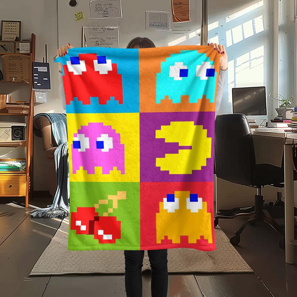 1PC Pac-Man Patterned Flannel Blanket Suitable For All Seasons for Home Decor Warmth and Comfort Gifts Holiday Present