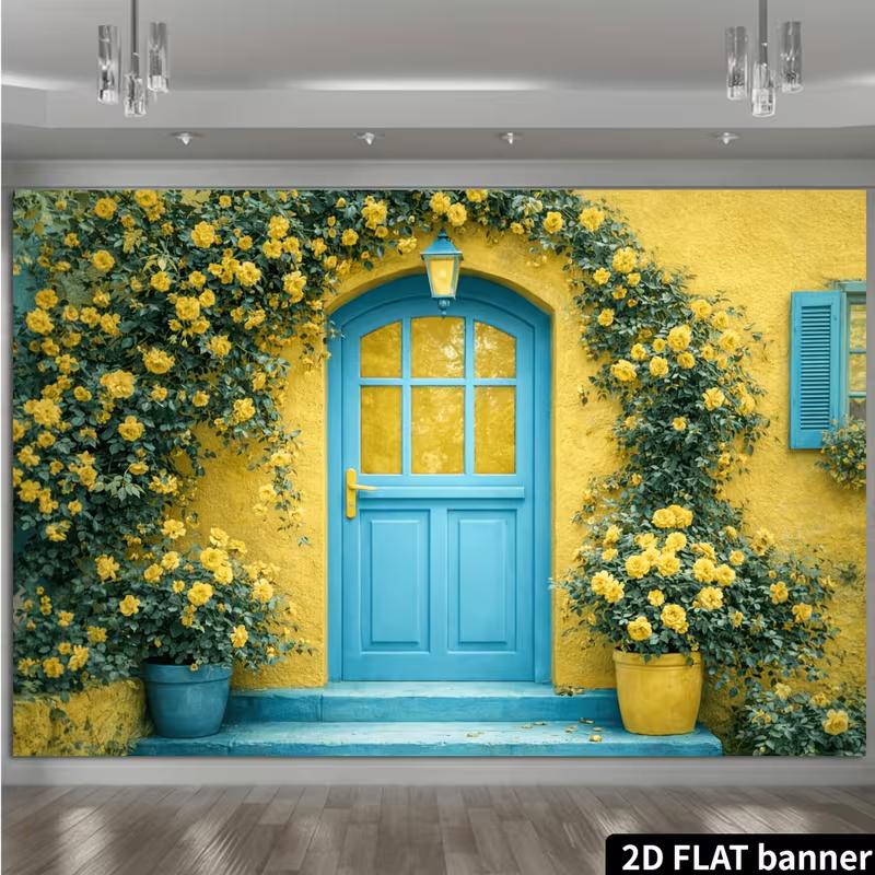 2D Mediterranean Yellow House Backdrop with Blue Door Photo Booth Background
