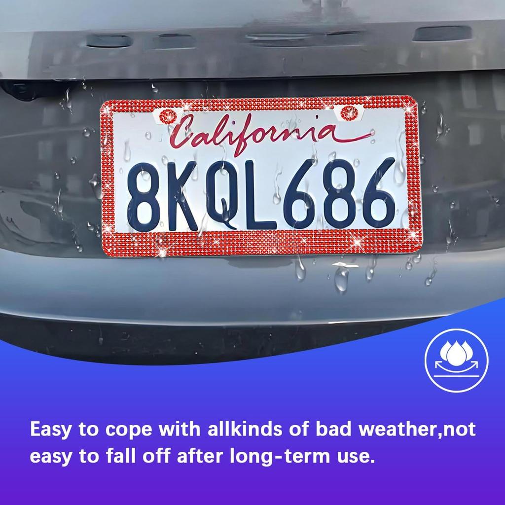 2PCS Bling Car License Plate Frame, Stainless Steel Rhinestone Vehicle License Plate Cover with Screws Caps, Sparkly Automotive Decoration