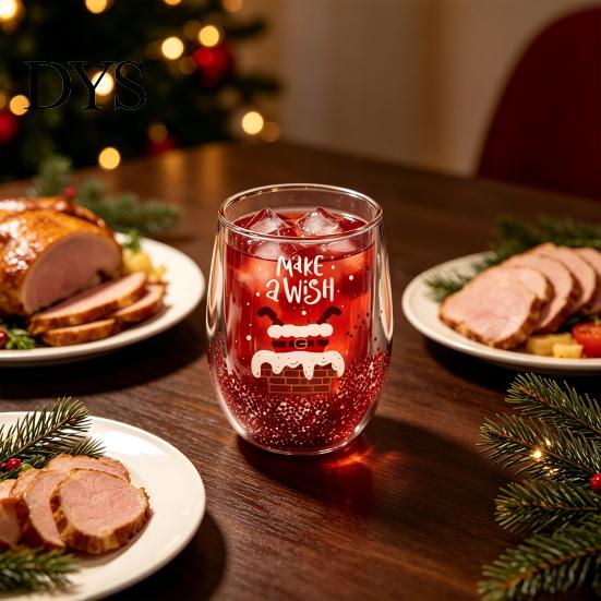 Klarer Borosilikatglasbehälter Doppelwandiger Glasbecher, mit Dekorationen im Stil von Weihnachtsmann/kleinem Baum/Stapel/Tasche, Geschirr für Familientreffen Treibsand