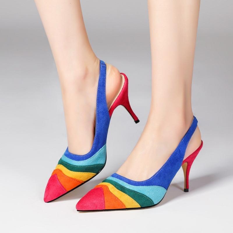 Fashion Summer New Rainbow Mixed Color 8cm High Heel Sandals  Women's French Pointed Shallow Mouth Runway Banquet Wedding Shoes Size 43