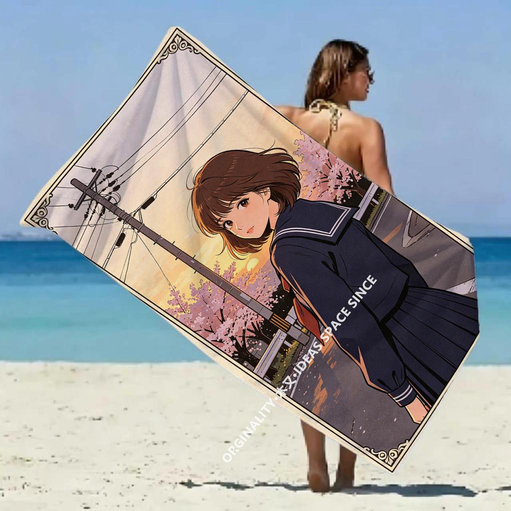 Sakura Anime Girl Beach Towel Patterned Sunscreen And Windproof Suitable For Swimming Pool Camping Travel Blanket