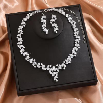 Set 3 Pezzi Moda Donna Serie Zirconi Collana Orecchini Foglia di Rame Set Zirconi Regalo Festa di Matrimonio Festival-8570
