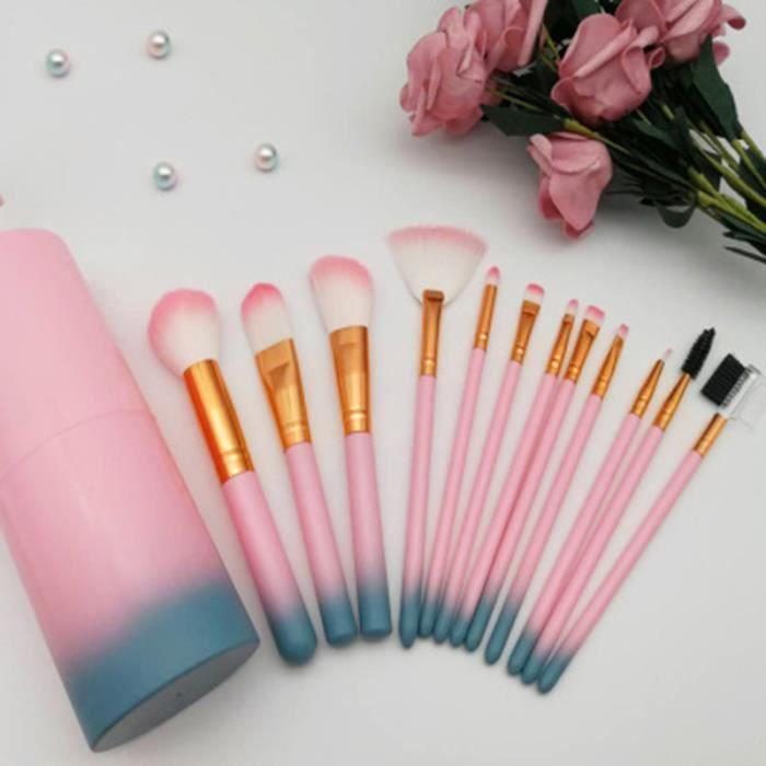 Kit de Pinceaux de Maquillage - Beauté - 12 pièces - Rose Dégradé - Poignée en Plastique - Cheveux en Nylon