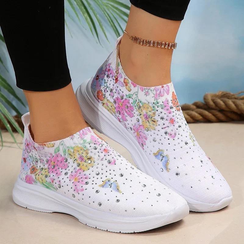 Fashion Fashion Mesh Printed Sock Sneakers Women Rhinestone Knitted Breathable Flats Shoes Woman Comfort Non-Slip Running Walking Shoes