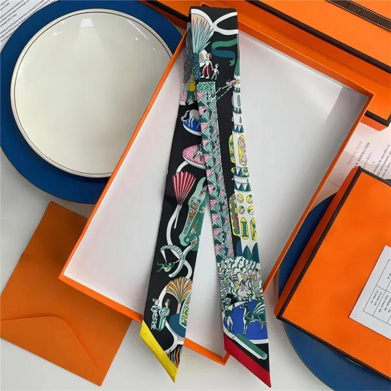 100% Silk High Quality Luxury Brand Goods Scarf Women Headband Foulard Tie Ribbon Neckerchief Skinny Scarves Hair Accessories