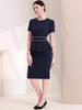 Allegra K Women's Midi Dress, Sheath Dress, Crew Neck, Peplum, Ruffles, Knee-Length, Short Sleeves, Bodycon Style, Navy Blue, Size M