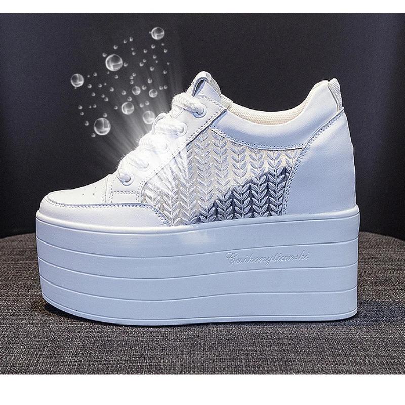 Fashion 12cm Air Mesh Chunky Sneakers Wedge Platform Lace Breathable Hollow Shoes Vulcanized Summer Genuine Leather Hidden Heels