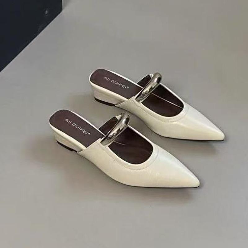 Mature Casual Comfortable Slope Heel Cool Slippers Women's Niche Premium Pointed Metal Buckle Bag Head Thick Heel Half Support