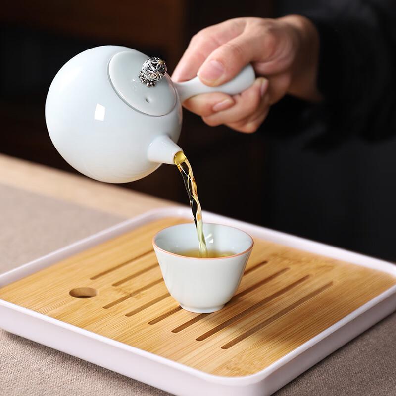 Wushiyuan Celadon Travel Tea Set with Side Handle Pot and Leather Bag